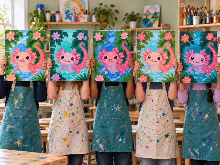 Fem malerier av en rosa axolotl blant blomster