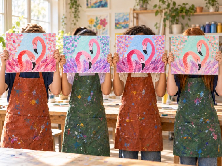 Fire malerier av to flamingoer i rosa og lilla