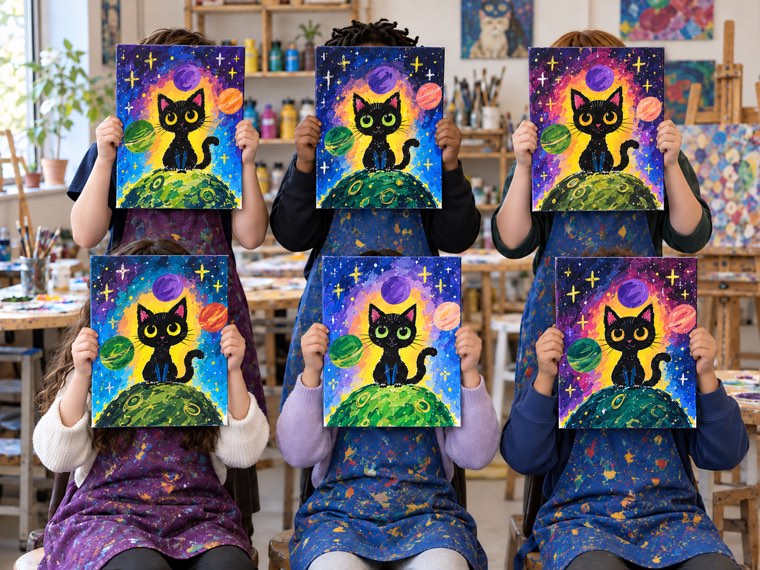 Seks malerier av en svart katt på en planet i verdensrommet